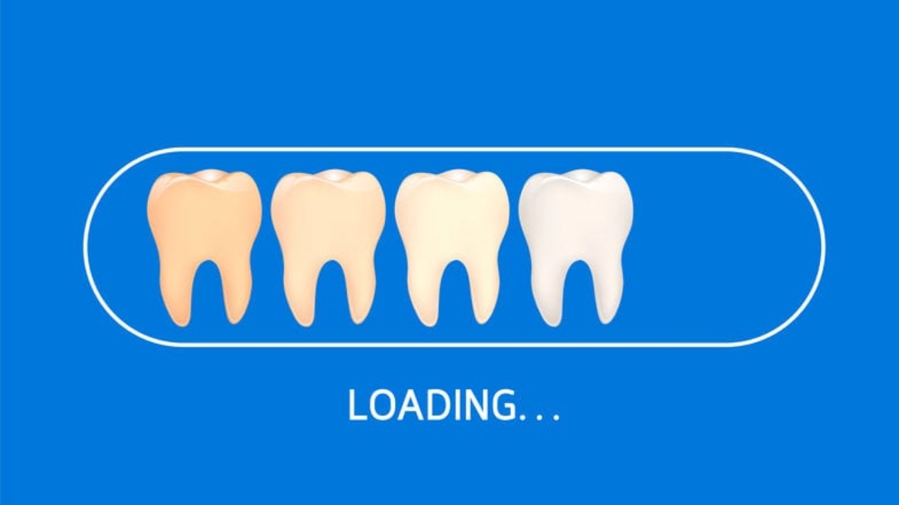 Whitening teeth loading icon. Dental care concept. Vector illustration isolated on blue blackground.